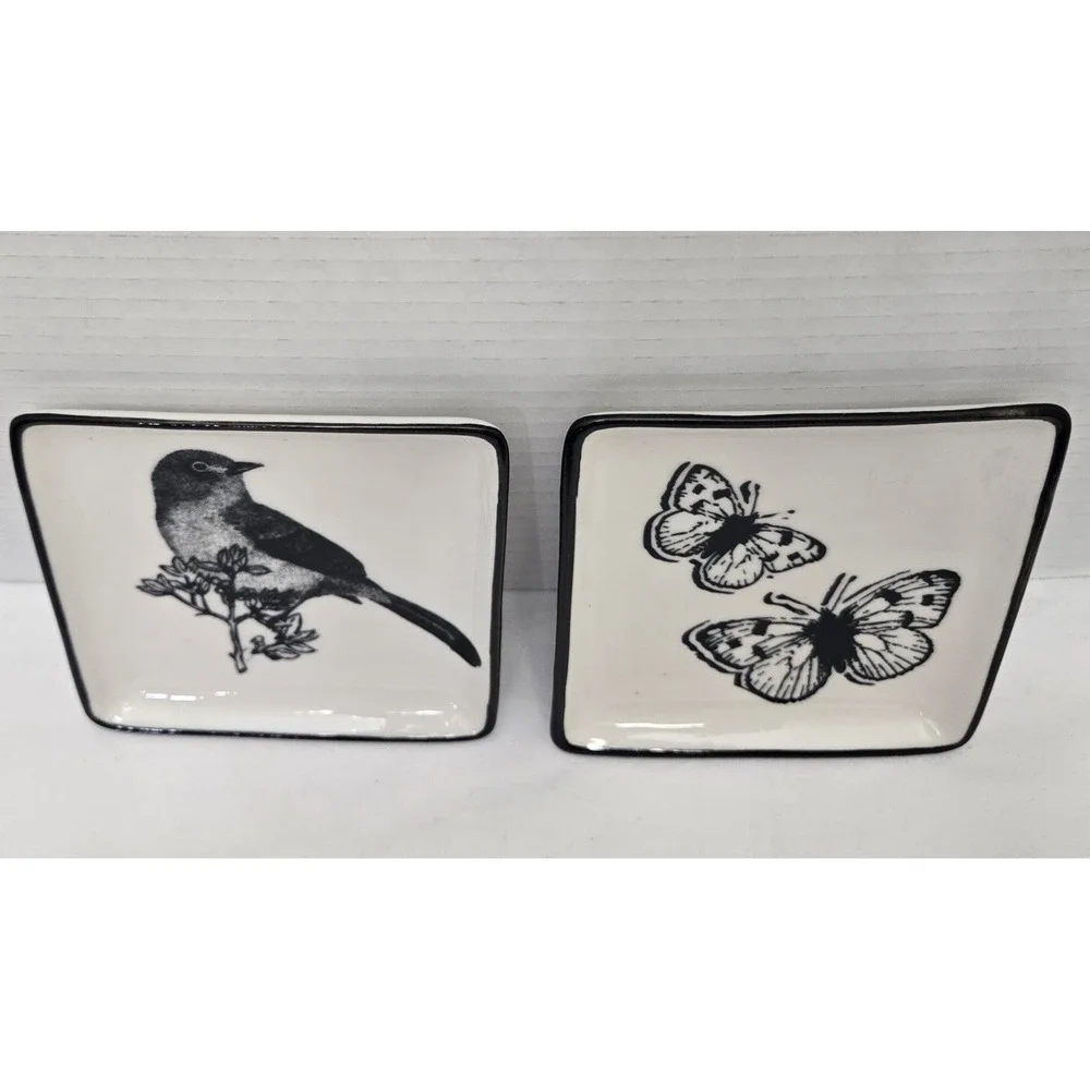 Grace and Belle Square Jewelry Ring Dish Set Black/White Ceramic Bird/Butterfly